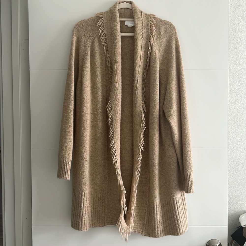 Anthropologie camel duster open shawl cardigan with fringe detail size S